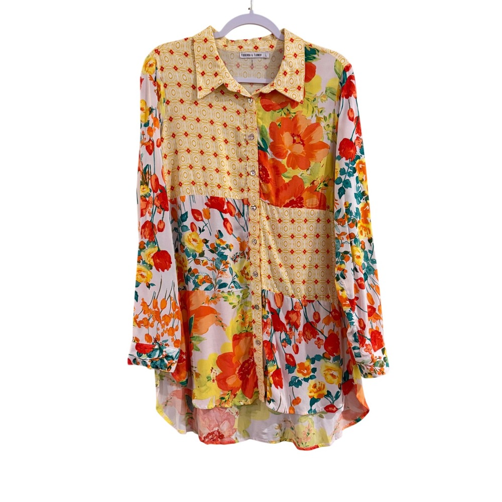 Figueroa & Flower Patchwork Floral Blouse Womens L Yellow Orange Boho 70s Bright